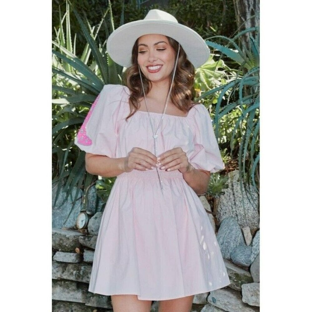 Fantastic Fawn Western Boots & Hat Sequin Patch Skater Mini Dress Baby Pink